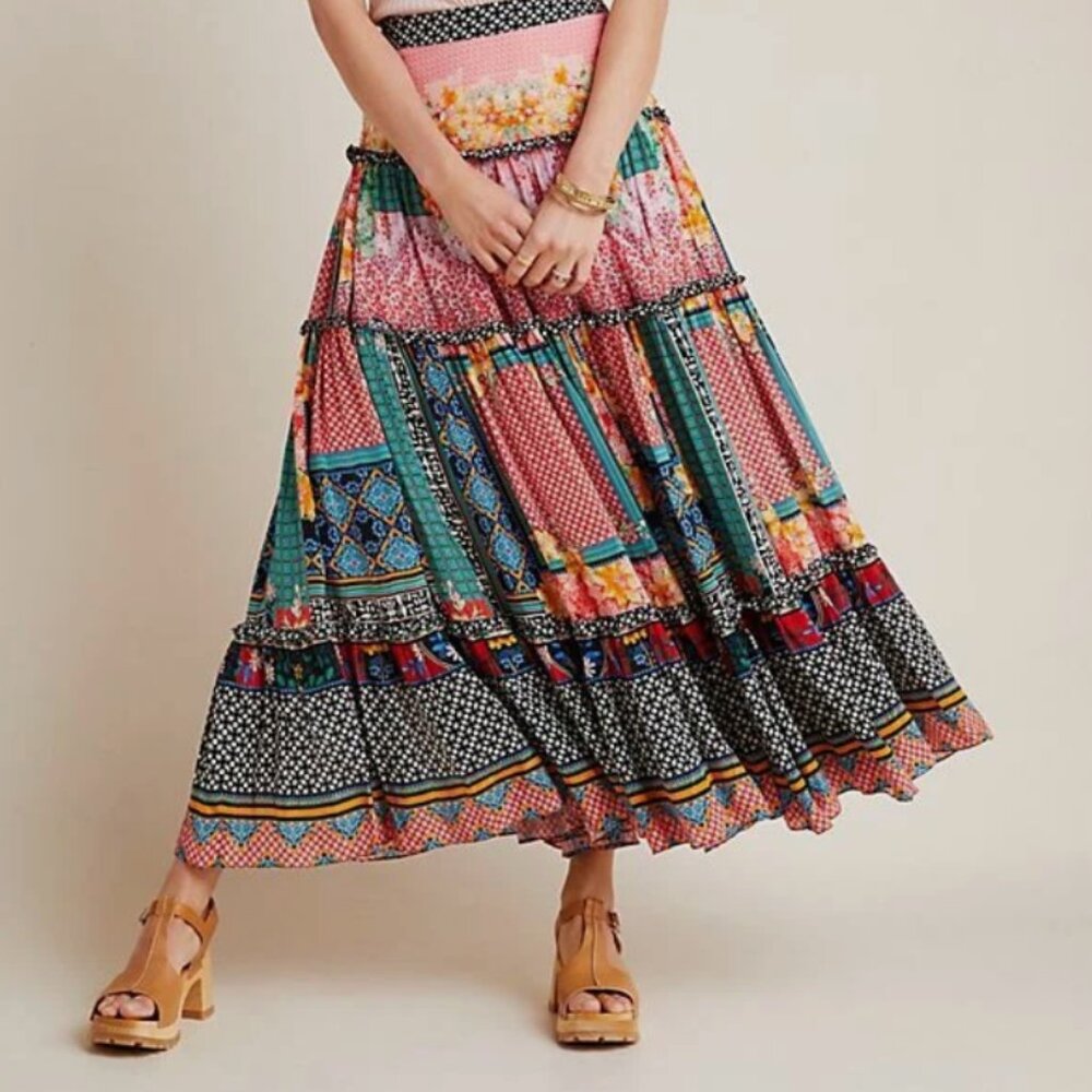 Anthropologie Celina Tiered Maxi Skirt Floral Patchwork Bhanuni Jyoti sz 0